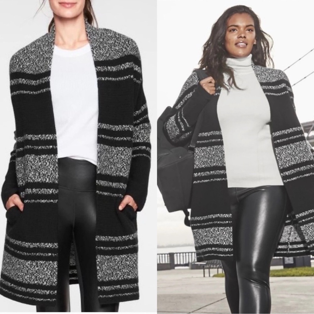 Athleta wool cashmere Women's Black and Gray Striped Sweater size small cozy